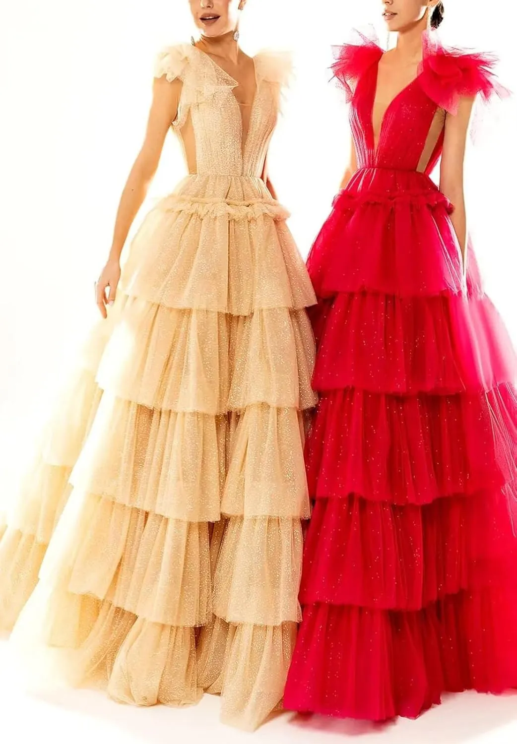 Sparkley Tulle Prom Dress Tiered V Neck Ball Gowns Long Puffy Formal Evening Gowns