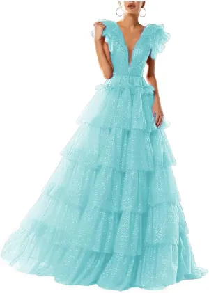 Sparkley Tulle Prom Dress Tiered V Neck Ball Gowns Long Puffy Formal Evening Gowns