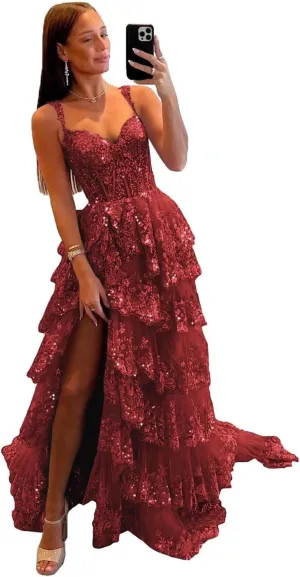 Sparkly Lace Tulle Tiered Prom Dresses 2025 Long Slit Spaghetti Straps Formal Corset Evening Party Gowns