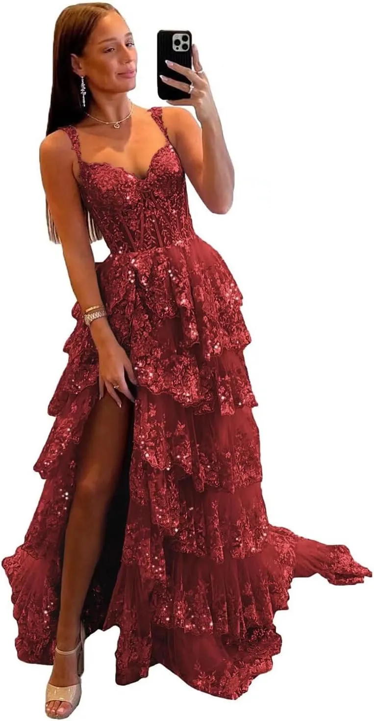 Sparkly Lace Tulle Tiered Prom Dresses 2025 Long Slit Spaghetti Straps Formal Corset Evening Party Gowns