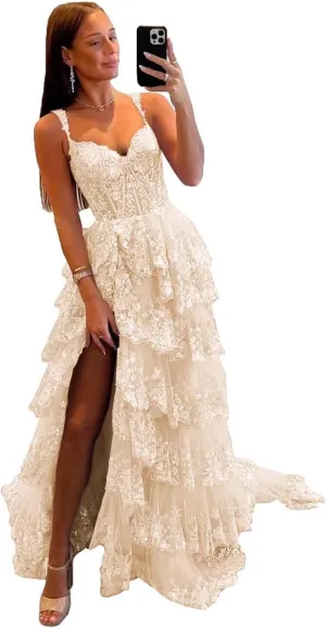 Sparkly Lace Tulle Tiered Prom Dresses 2025 Long Slit Spaghetti Straps Formal Corset Evening Party Gowns