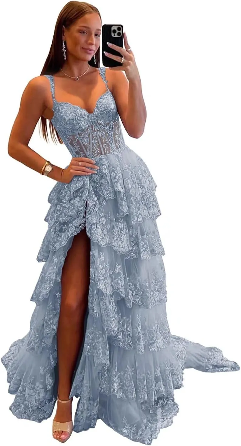 Sparkly Tiered Lace Tulle Prom Dresses Long Spaghetti Straps Formal Evening Party Gown