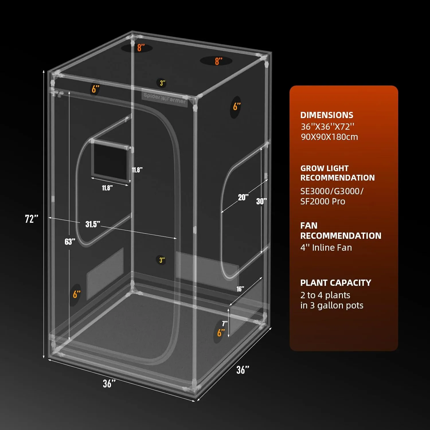 Spider Farmer 3x3 Grow Tent Pro-Grade, 36"x36"x70", with Observation Window and Floor Tray, 1680D Thicken Mylar Canvas 3x3x6 for Indoor Growing for SF2000Pro, SE3000, G3000