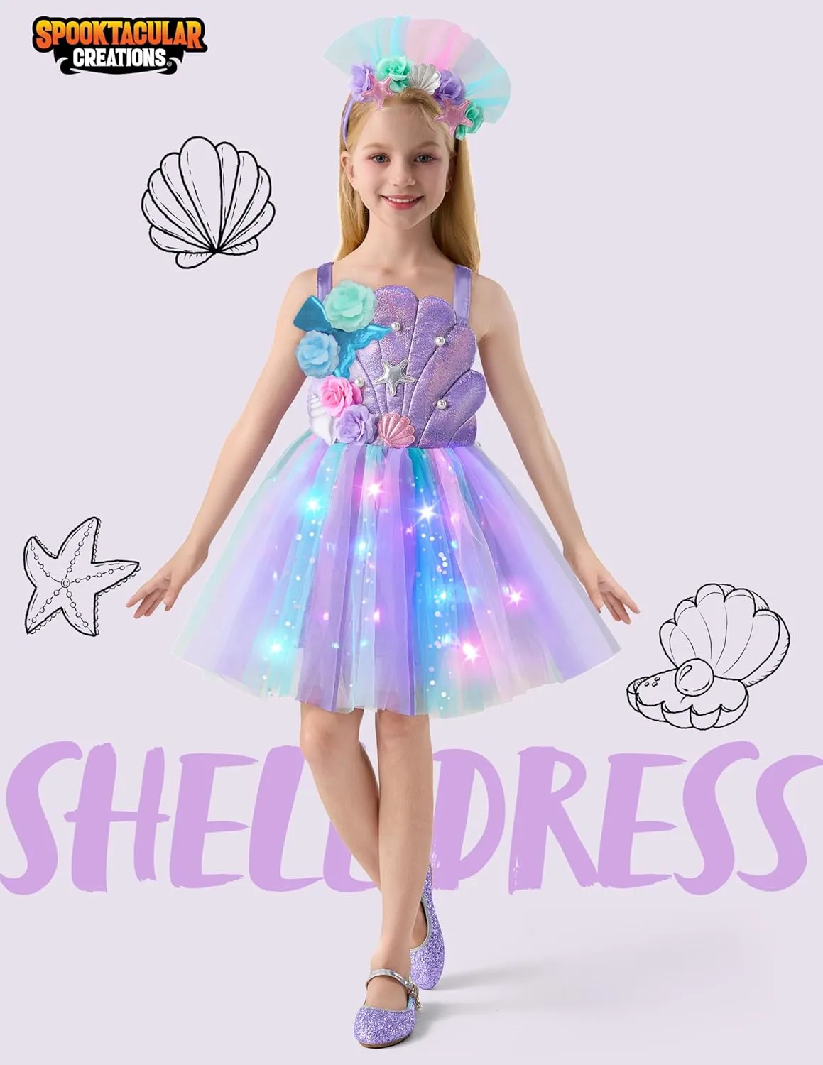 Spooktacular Creations Halloween Girl Mermaid Tutu Dress, Shell Mermaid Costume, LED Kids Princess Dress for Cospaly Party