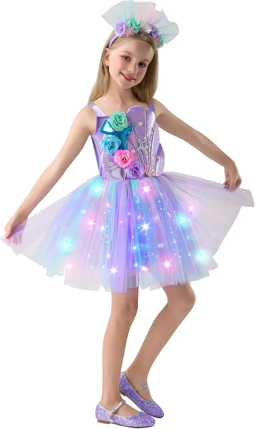 Spooktacular Creations Halloween Girl Mermaid Tutu Dress, Shell Mermaid Costume, LED Kids Princess Dress for Cospaly Party
