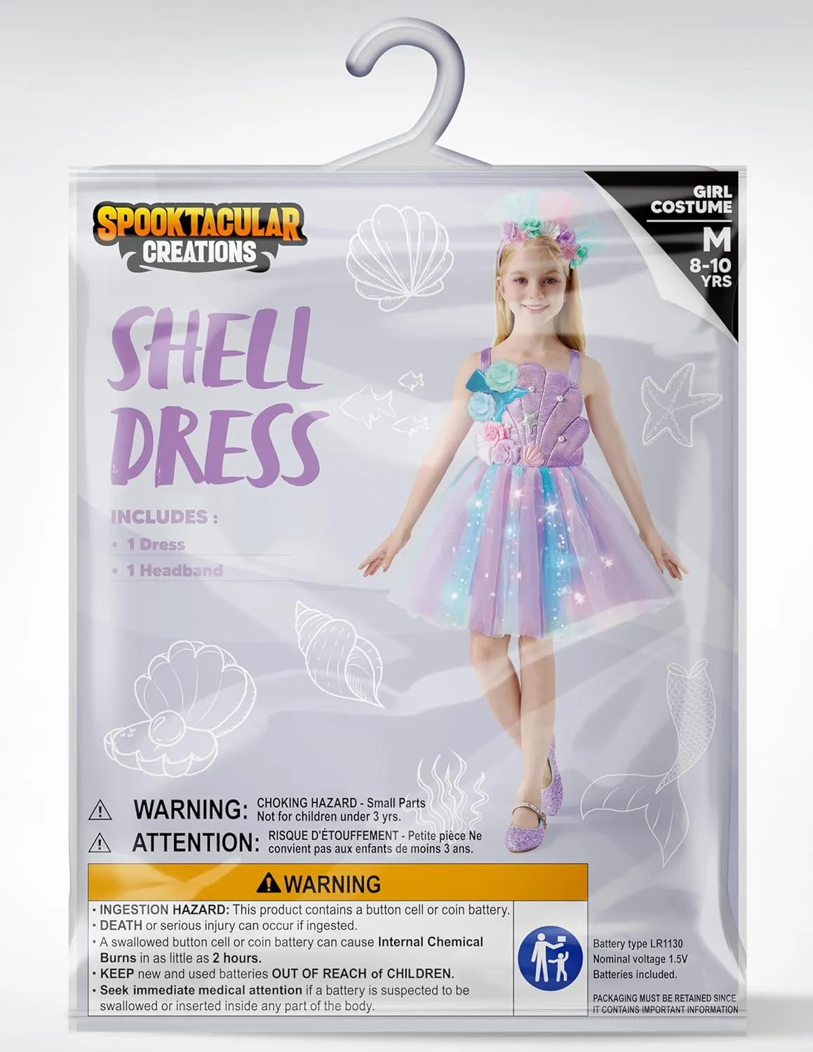 Spooktacular Creations Halloween Girl Mermaid Tutu Dress, Shell Mermaid Costume, LED Kids Princess Dress for Cospaly Party