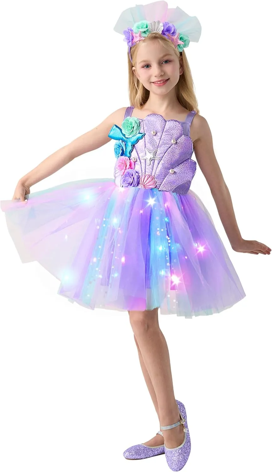 Spooktacular Creations Halloween Girl Mermaid Tutu Dress, Shell Mermaid Costume, LED Kids Princess Dress for Cospaly Party