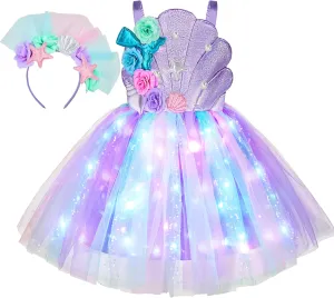 Spooktacular Creations Halloween Girl Mermaid Tutu Dress, Shell Mermaid Costume, LED Kids Princess Dress for Cospaly Party