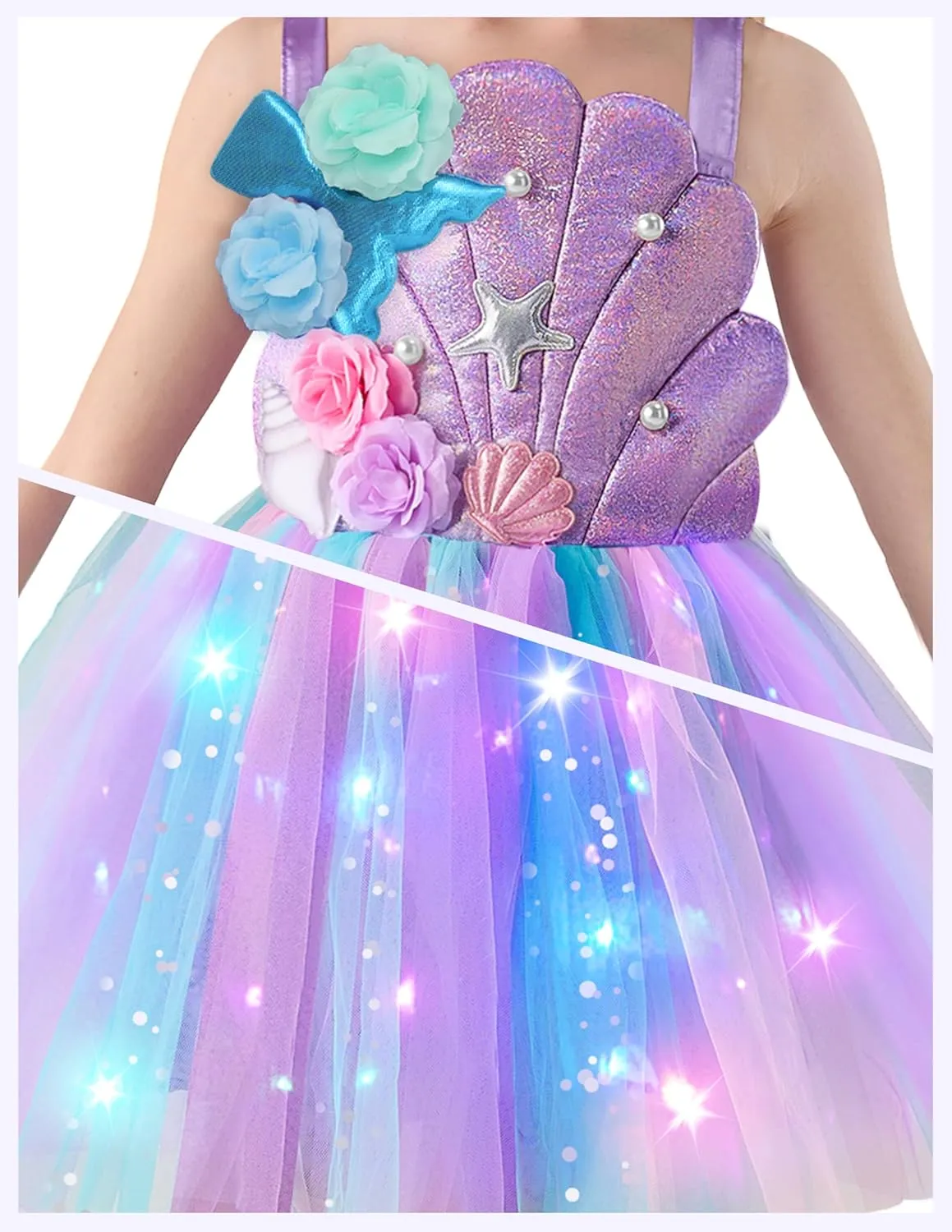 Spooktacular Creations Halloween Girl Mermaid Tutu Dress, Shell Mermaid Costume, LED Kids Princess Dress for Cospaly Party