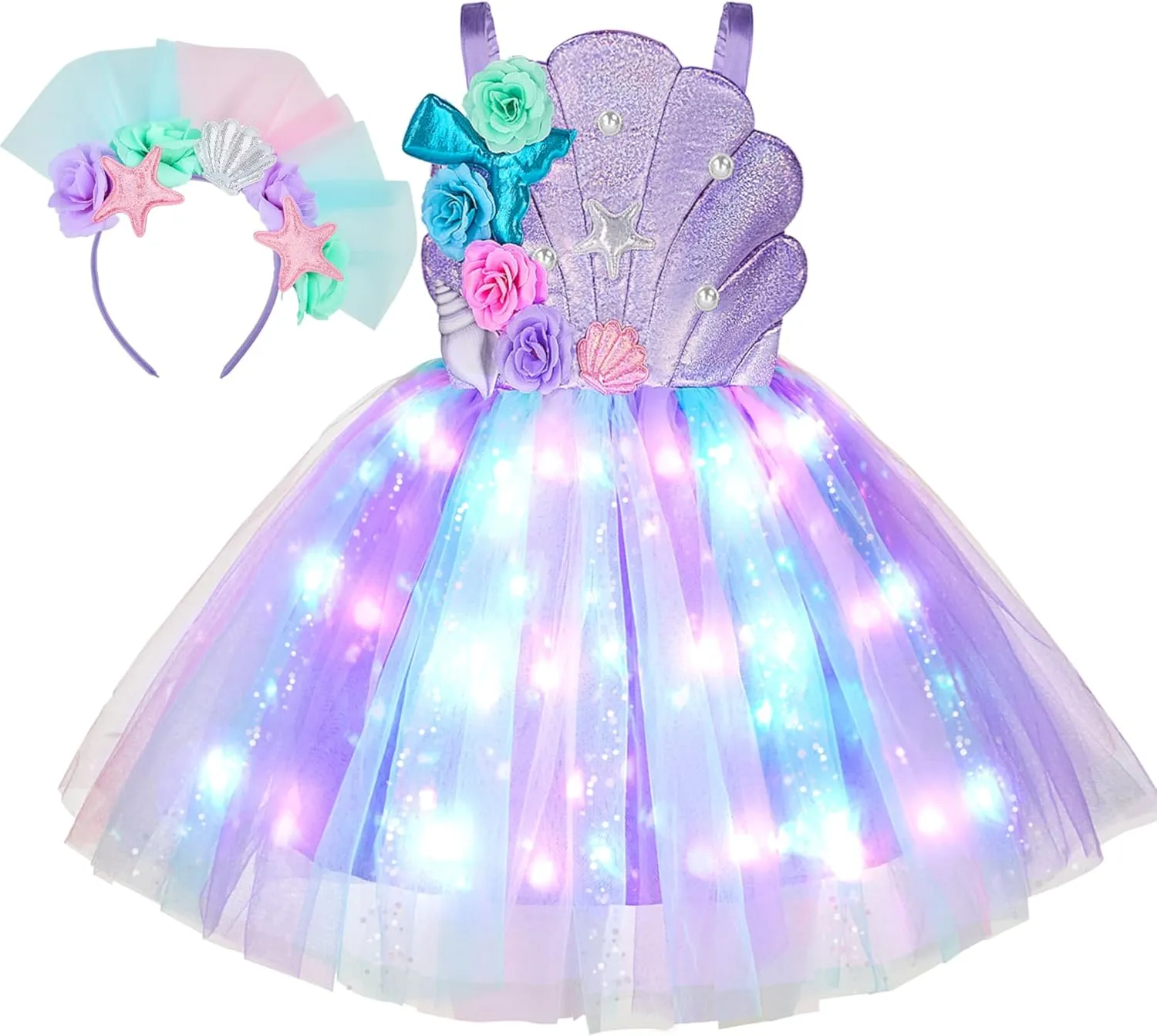 Spooktacular Creations Halloween Girl Mermaid Tutu Dress, Shell Mermaid Costume, LED Kids Princess Dress for Cospaly Party