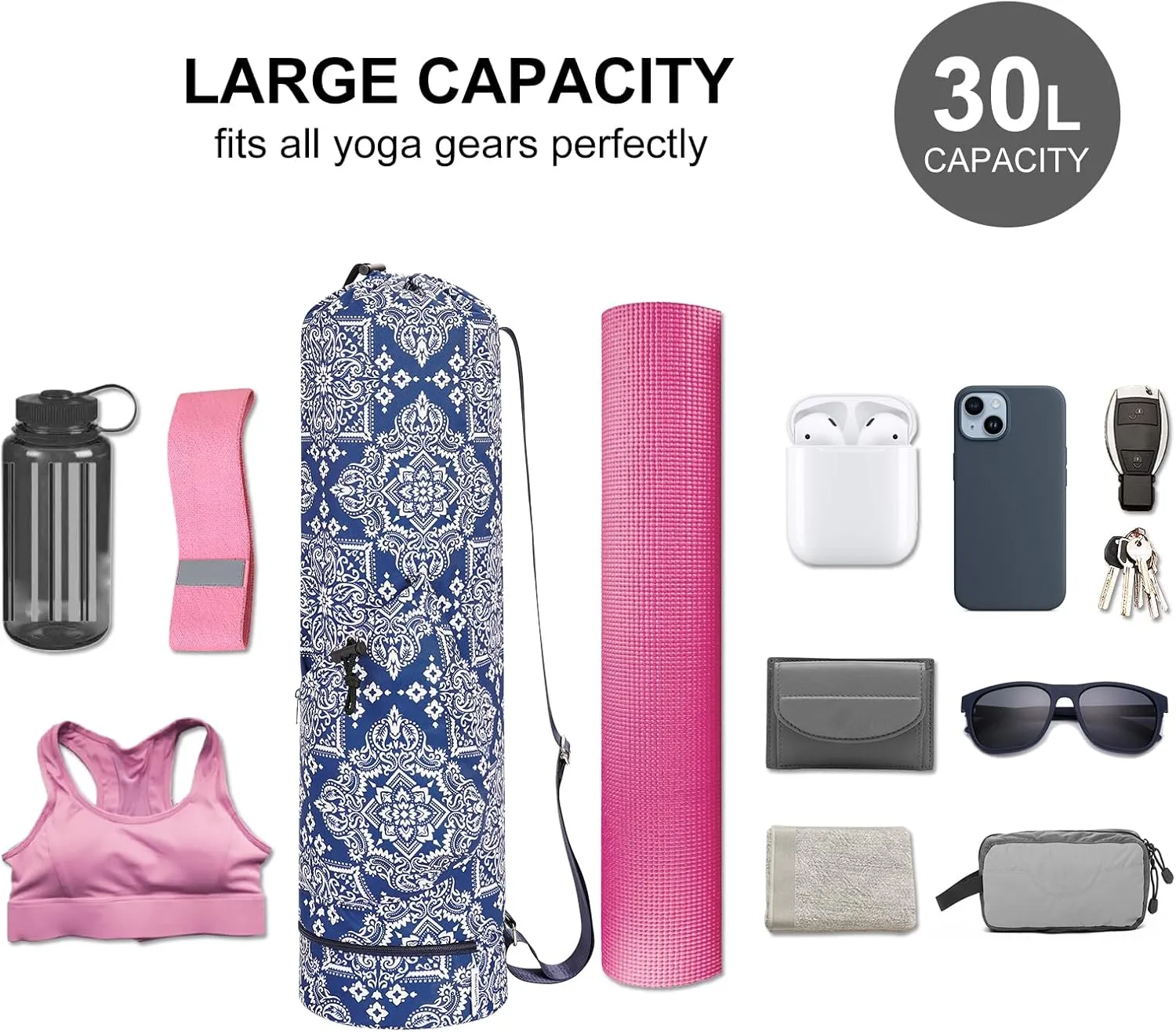 sportsnew Yoga Mat Bag with Water Bottle Pocket and Bottom Wet Pocket, Exercise Yoga Mat Carrier Multi-Functional Storage Bag, Patent pending