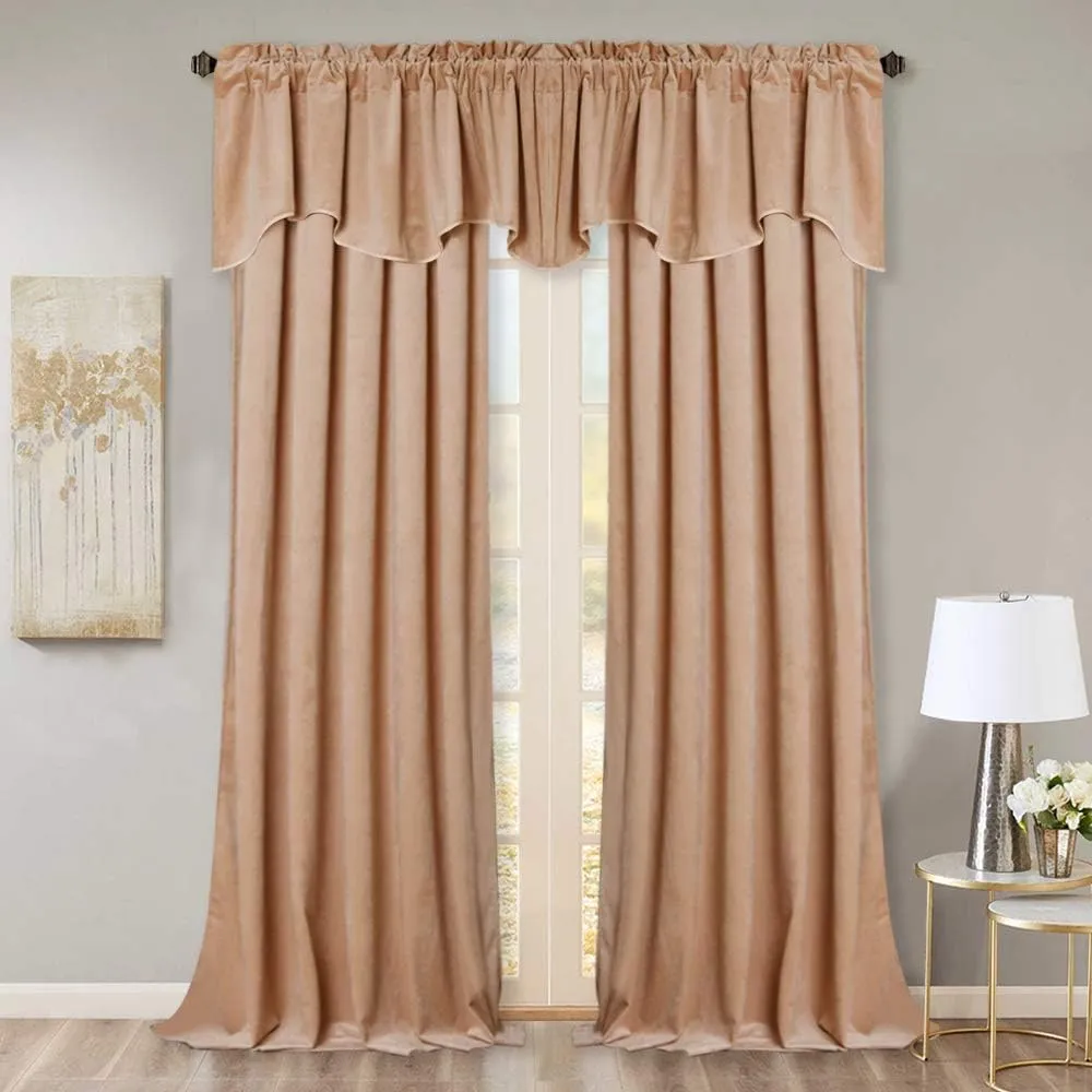 StangH Blush Velvet Valance Curtains - Thermal Insulated Scalloped Rod Pocket Half Window Curtain Tiers Home Decor Wave Drapes for Nursery/Kids Room, Blush Beige, 52 by 18 Inches, 1 Panel