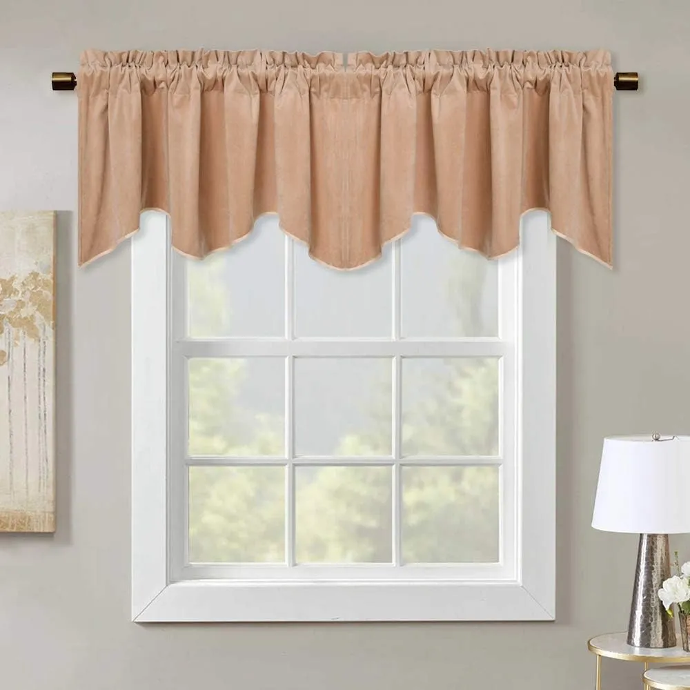 StangH Blush Velvet Valance Curtains - Thermal Insulated Scalloped Rod Pocket Half Window Curtain Tiers Home Decor Wave Drapes for Nursery/Kids Room, Blush Beige, 52 by 18 Inches, 1 Panel