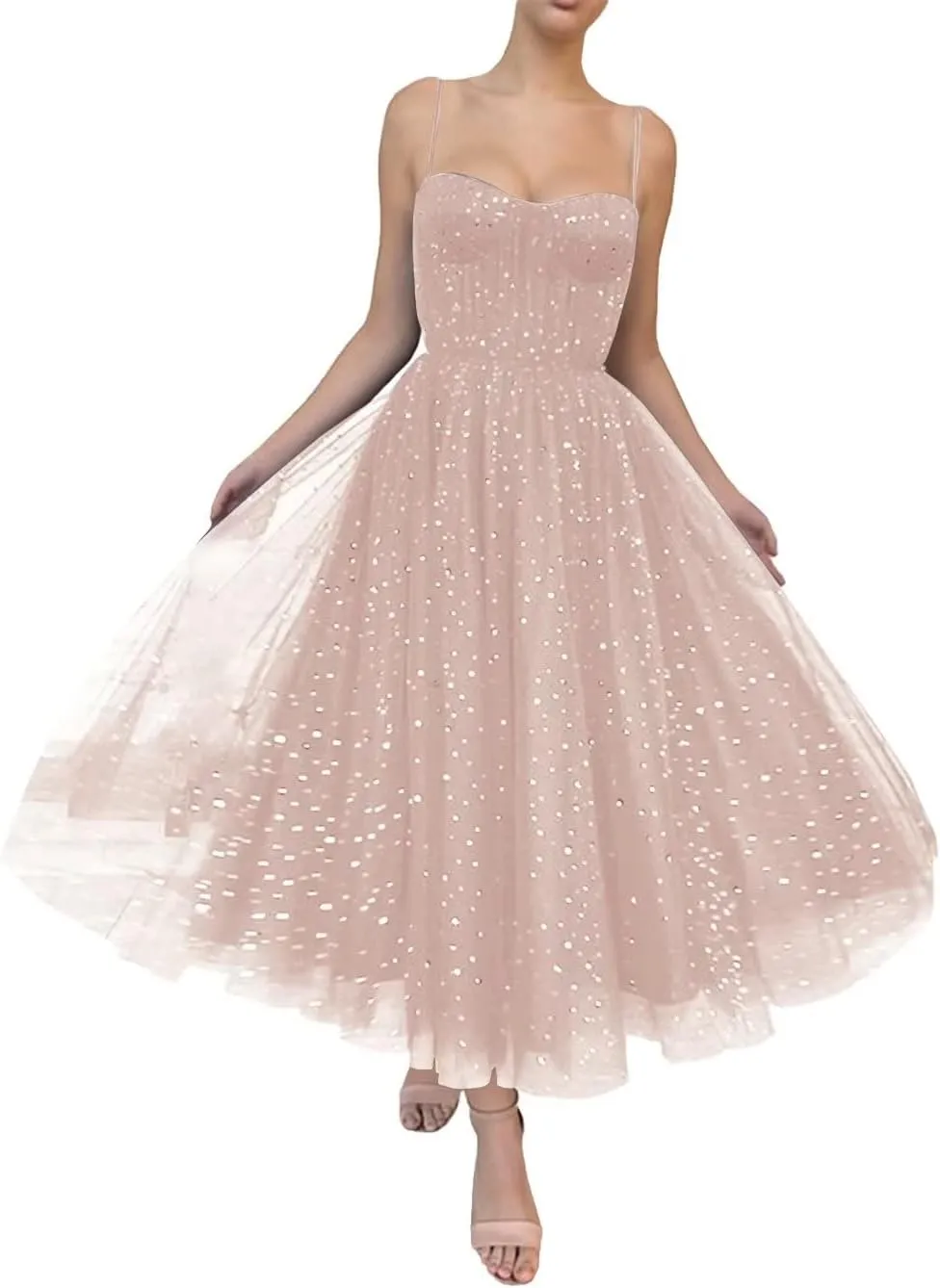 Starry Tulle Prom Dresses Tea Length Spaghetti Straps A Line Pleated Formal Evening Gowns for Women