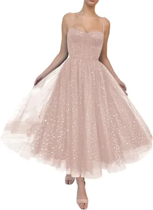 Starry Tulle Prom Dresses Tea Length Spaghetti Straps A Line Pleated Formal Evening Gowns for Women