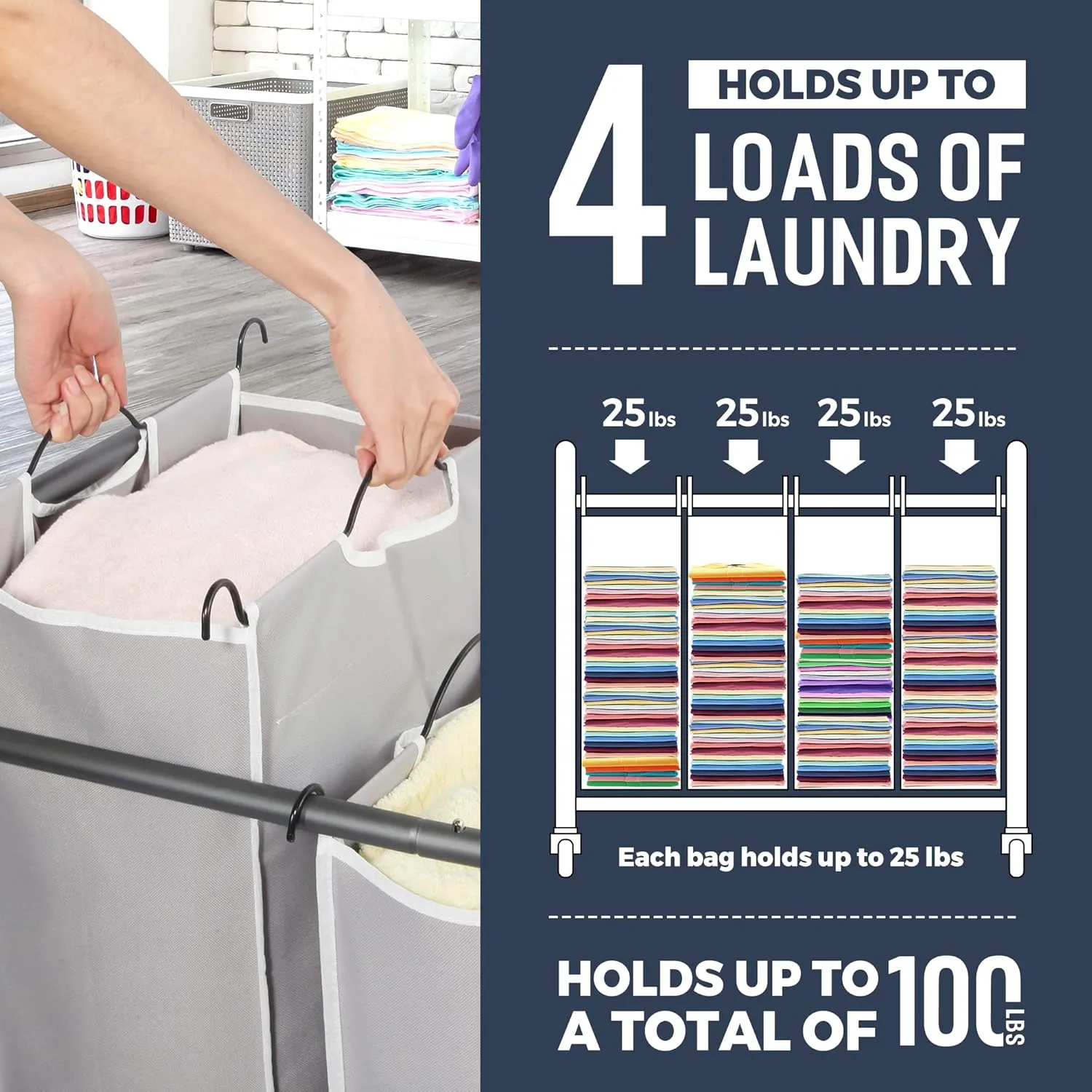 STO STO Laundry Sorter 4 Section, 4 Bag Laundry Hamper, Rolling Laundry Cart, Laundry Basket with Heavy Duty Lockable Wheels and Removable Bag for Clothes Storage, Gray