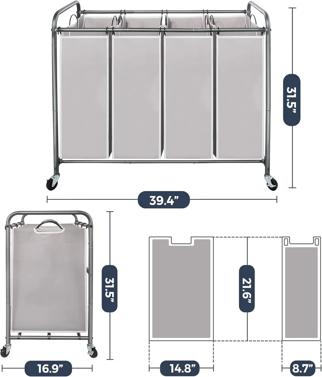 STO STO Laundry Sorter 4 Section, 4 Bag Laundry Hamper, Rolling Laundry Cart, Laundry Basket with Heavy Duty Lockable Wheels and Removable Bag for Clothes Storage, Gray