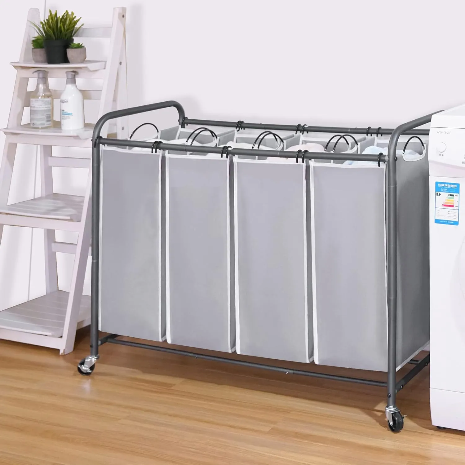STO STO Laundry Sorter 4 Section, 4 Bag Laundry Hamper, Rolling Laundry Cart, Laundry Basket with Heavy Duty Lockable Wheels and Removable Bag for Clothes Storage, Gray