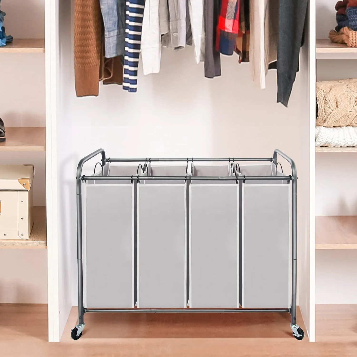 STO STO Laundry Sorter 4 Section, 4 Bag Laundry Hamper, Rolling Laundry Cart, Laundry Basket with Heavy Duty Lockable Wheels and Removable Bag for Clothes Storage, Gray