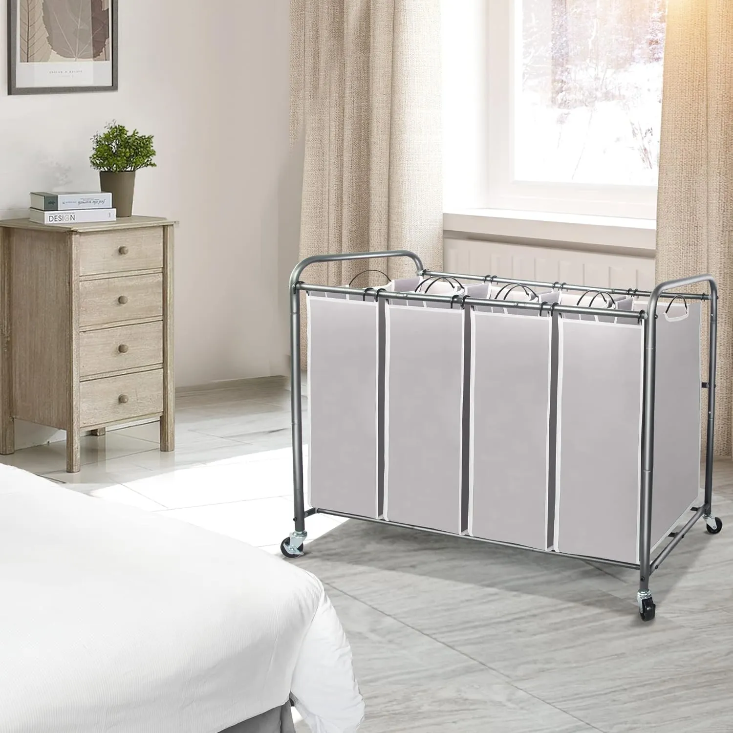 STO STO Laundry Sorter 4 Section, 4 Bag Laundry Hamper, Rolling Laundry Cart, Laundry Basket with Heavy Duty Lockable Wheels and Removable Bag for Clothes Storage, Gray
