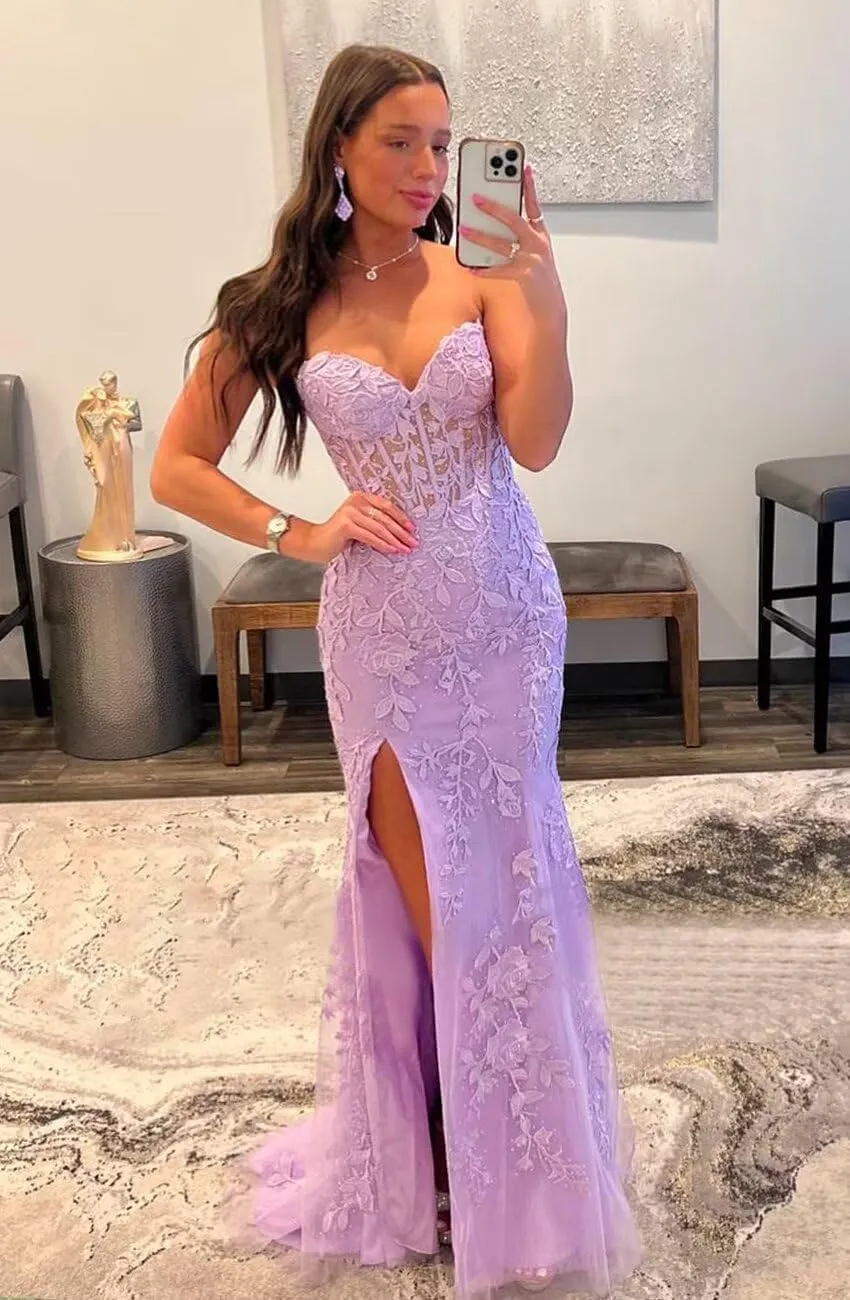 Strapless Lace Applique Mermaid Prom Dresses for Women 2025 Sweetheart Corset Long Evening Party Gowns QA124