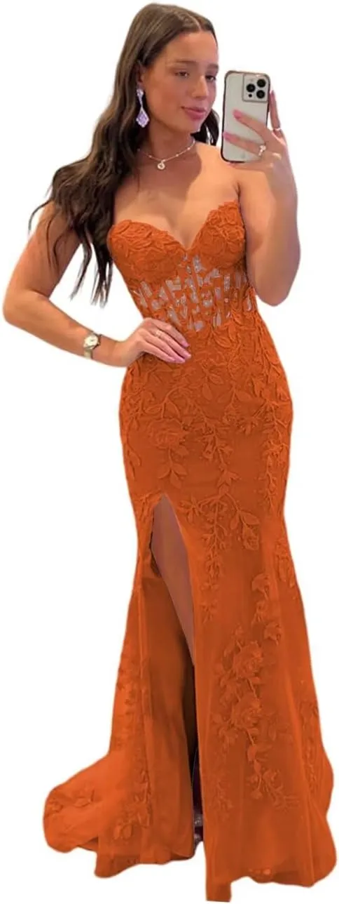 Strapless Lace Applique Mermaid Prom Dresses for Women 2025 Sweetheart Corset Long Evening Party Gowns QA124
