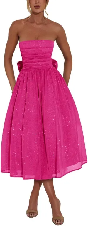 Strapless Sparkly Prom Dresses Ruched Tulle Bow Back Formal Wedding Guest Dress Sleeveless Backless Corset Cocktail Gown Aline Tea Length Hot Pink US6