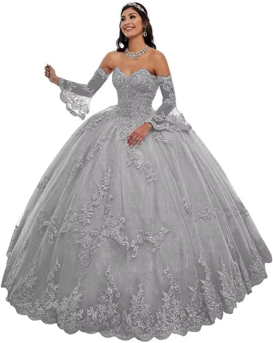 Strapless Tulle Quinceanera Dresses Detachable Long Sleeve Laces Appliques Prom Ball Gown for Women
