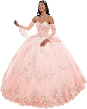 Strapless Tulle Quinceanera Dresses Detachable Long Sleeve Laces Appliques Prom Ball Gown for Women