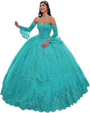 Strapless Tulle Quinceanera Dresses Detachable Long Sleeve Laces Appliques Prom Ball Gown for Women