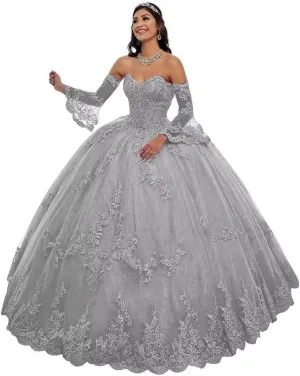 Strapless Tulle Quinceanera Dresses Detachable Long Sleeve Laces Appliques Prom Ball Gown for Women