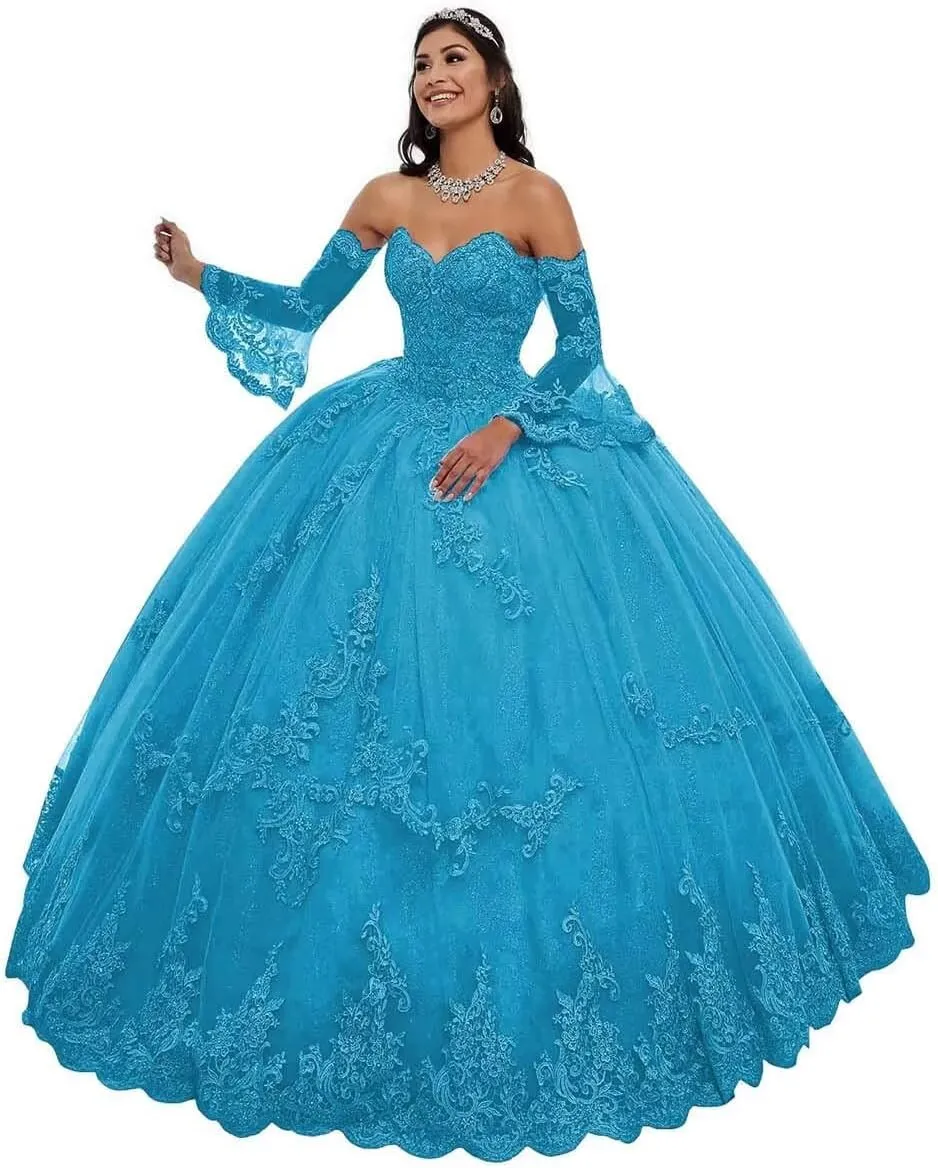 Strapless Tulle Quinceanera Dresses Detachable Long Sleeve Laces Appliques Prom Ball Gown for Women