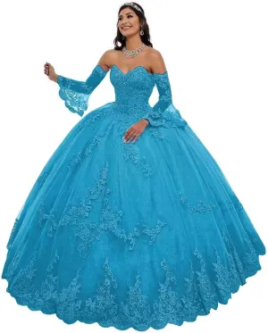 Strapless Tulle Quinceanera Dresses Detachable Long Sleeve Laces Appliques Prom Ball Gown for Women