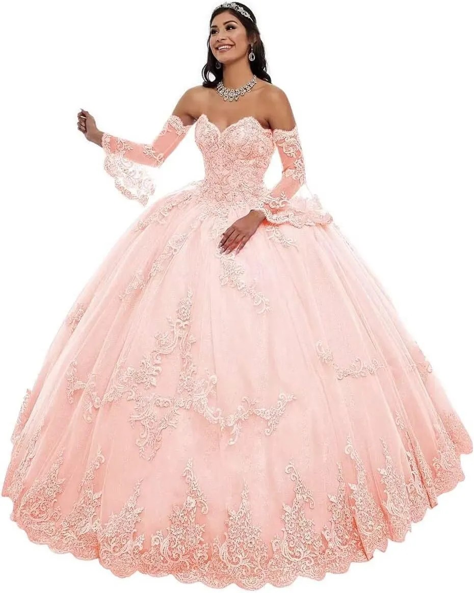 Strapless Tulle Quinceanera Dresses Detachable Long Sleeve Laces Appliques Prom Ball Gown for Women