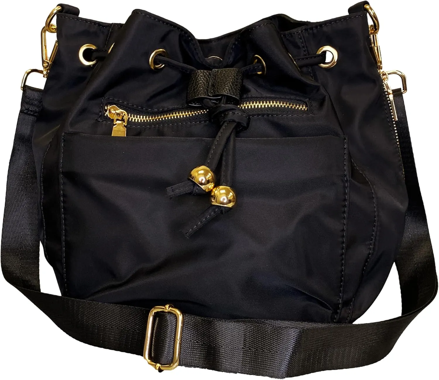 Stylish Premium Nylon Bucket Bag with 7 Zipper Pockets - Premium Drawstring Bucket Bag Purse for Women