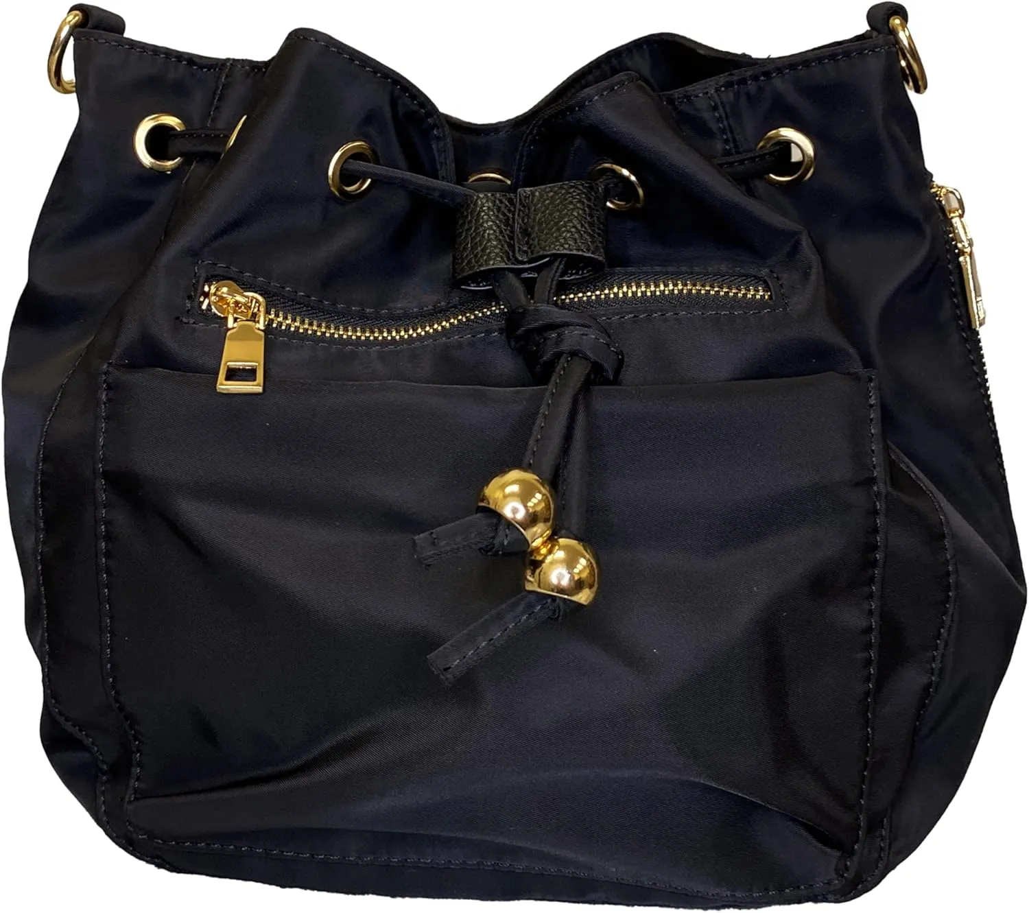 Stylish Premium Nylon Bucket Bag with 7 Zipper Pockets - Premium Drawstring Bucket Bag Purse for Women