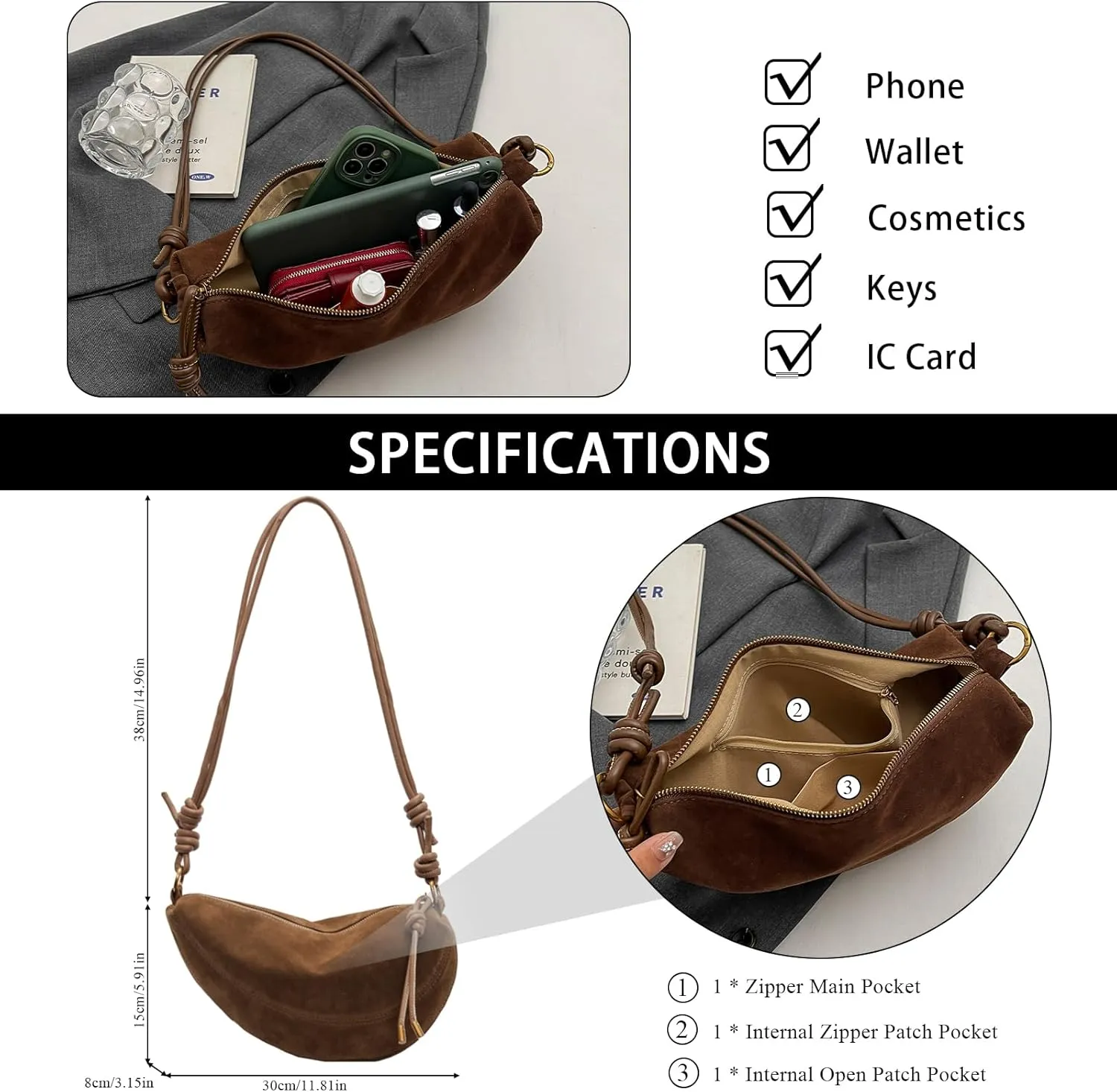 Suede Bags for Women Suede Purses Crescent Bag Crossbody Shoulder Bag Trendy Tote Handbags