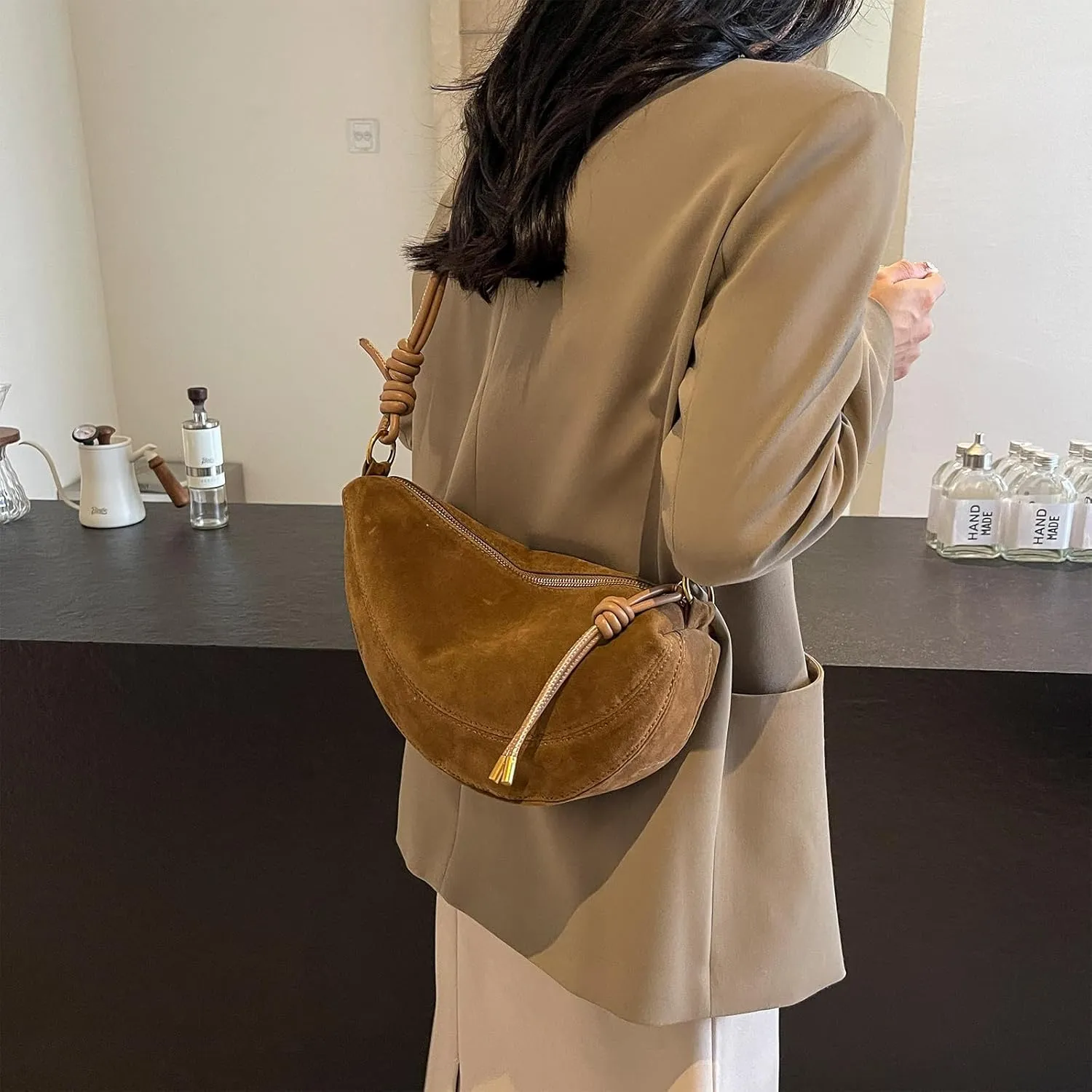 Suede Bags for Women Suede Purses Crescent Bag Crossbody Shoulder Bag Trendy Tote Handbags