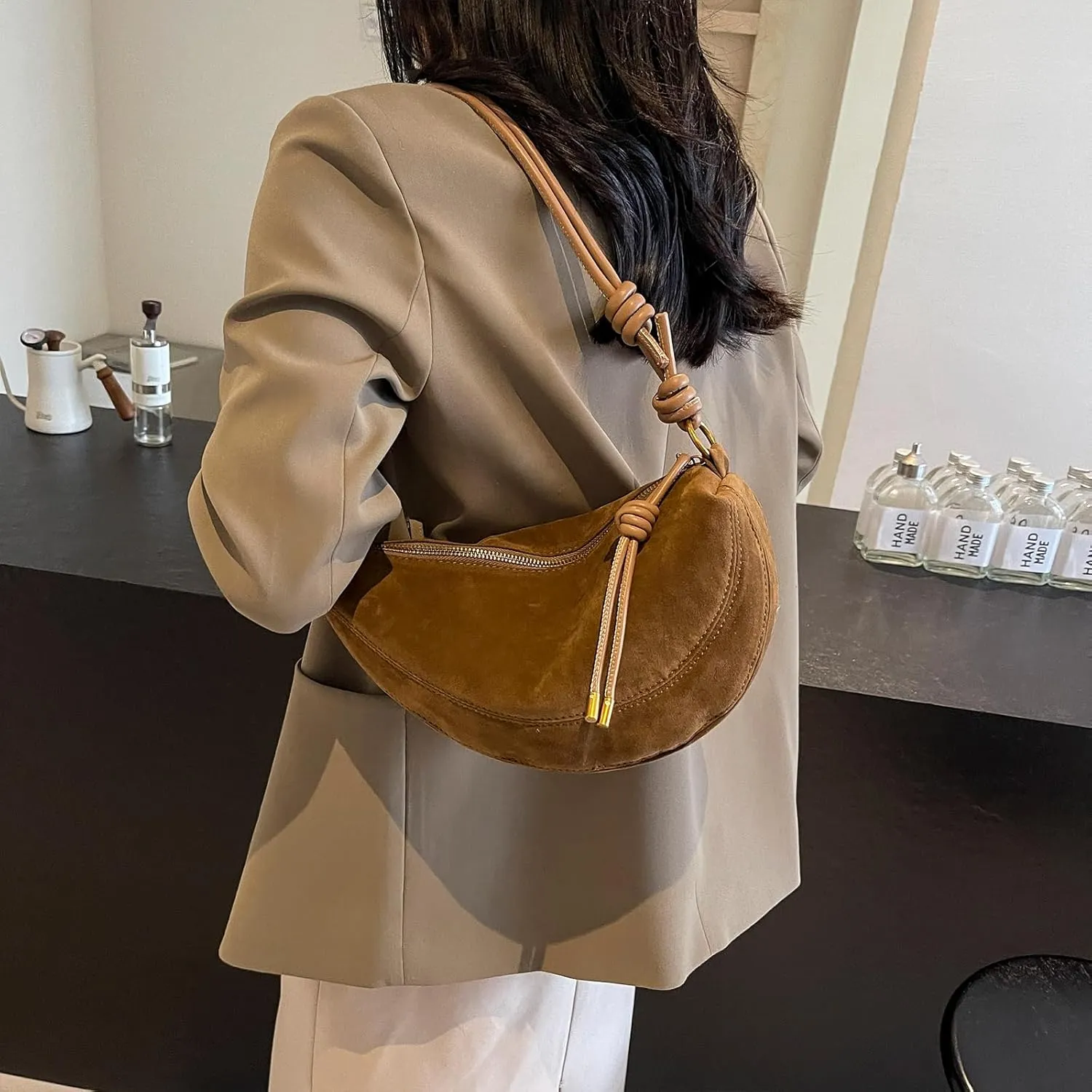 Suede Bags for Women Suede Purses Crescent Bag Crossbody Shoulder Bag Trendy Tote Handbags