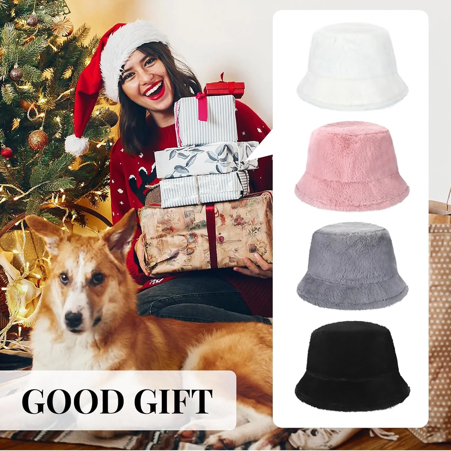 Suhine 4 Pcs Winter Bucket Hat Furry Faux Fur Fisherman Hat Fluffy Fuzzy Warm Women Hats with Brim Plush for Women Teens