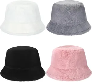 Suhine 4 Pcs Winter Bucket Hat Furry Faux Fur Fisherman Hat Fluffy Fuzzy Warm Women Hats with Brim Plush for Women Teens