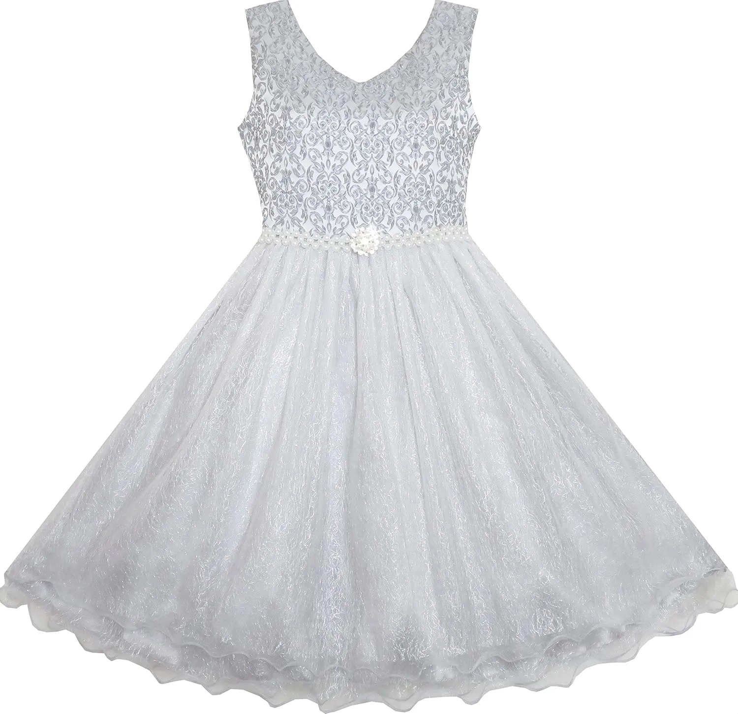 Sunny Fashion Flower Girls Dress Lace Pearl Flowers Pageant Wedding Tulle