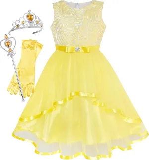 Sunny Fashion Flower Girls Dress Off-White Princess Crown Dress Up Party
