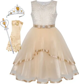 Sunny Fashion Flower Girls Dress Off-White Princess Crown Dress Up Party