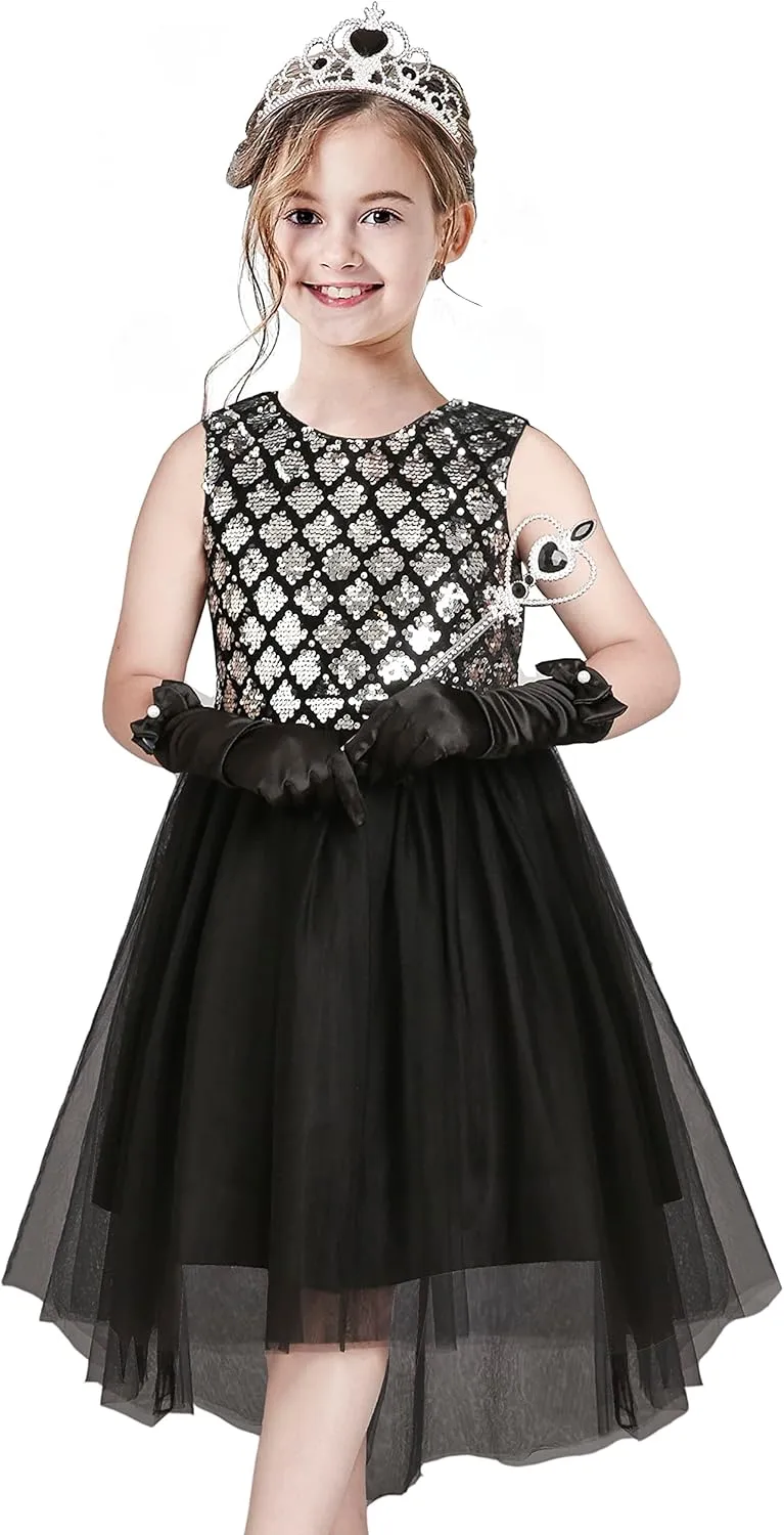 Sunny Fashion Girls Dress Black Hi-Low Magic Wand Princess Crown Dress Up