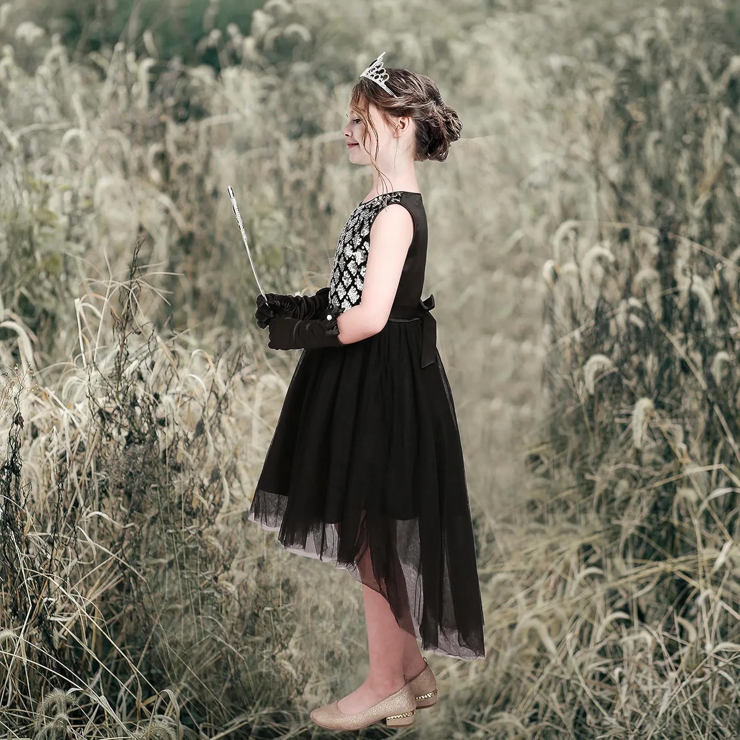 Sunny Fashion Girls Dress Black Hi-Low Magic Wand Princess Crown Dress Up