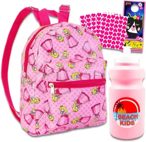 Super Mario Princess Peach Mini Backpack Set - 10" Faux Leather Princess Peach Backpack with Front Pocket for Women Plus Water Bottle, Stickers, More Backpack Purse Bundle