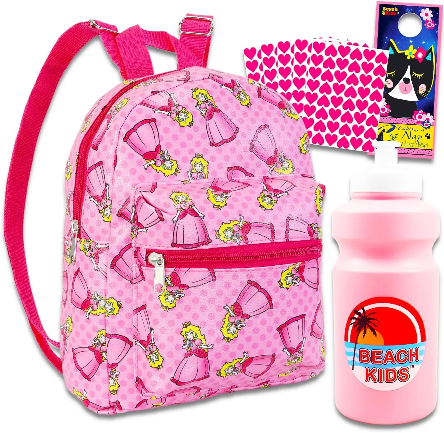 Super Mario Princess Peach Mini Backpack Set - 10" Faux Leather Princess Peach Backpack with Front Pocket for Women Plus Water Bottle, Stickers, More Backpack Purse Bundle