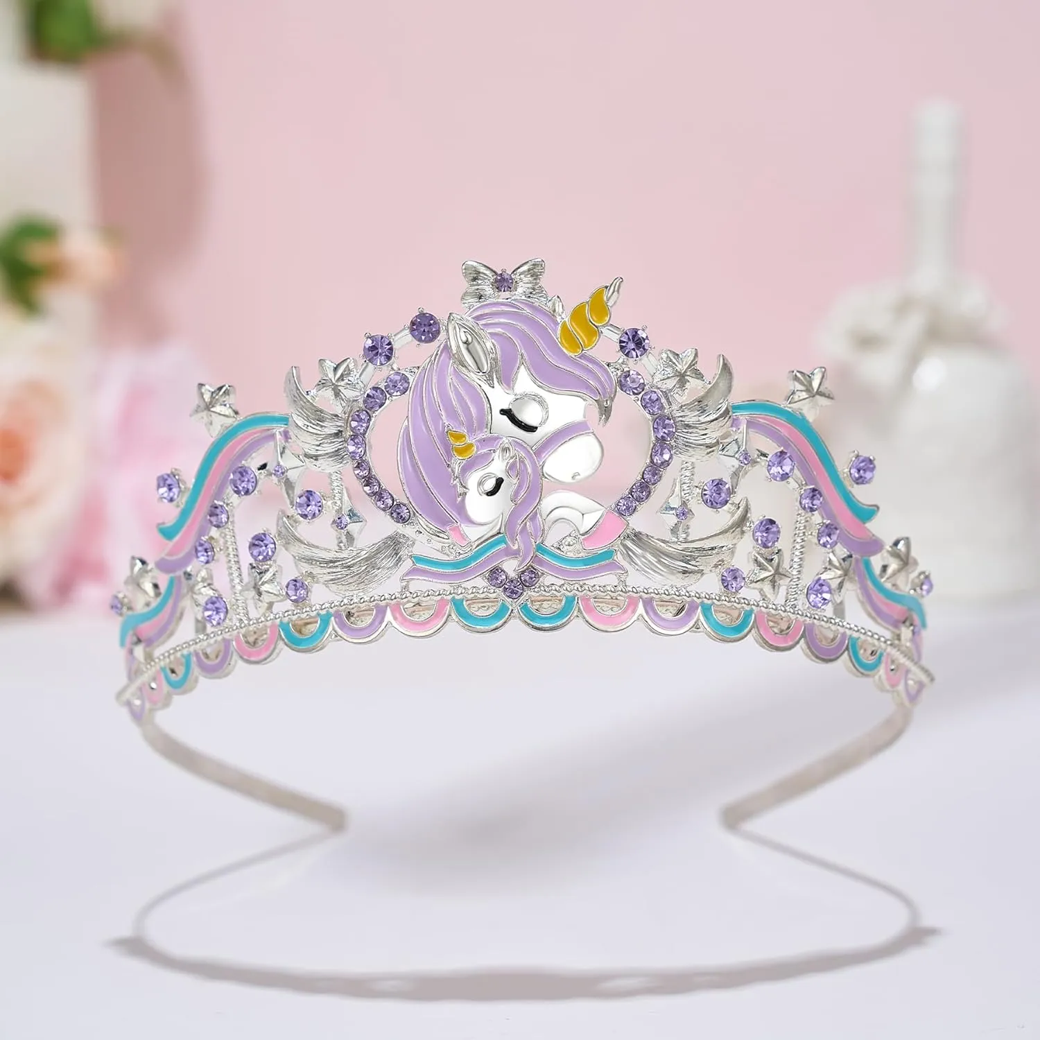 SWEETV Unicorn Princess Tiaras for Girls, Crystal Kids Crown Headband, Birthday Party Hats, Halloween Costume Hair Accessories