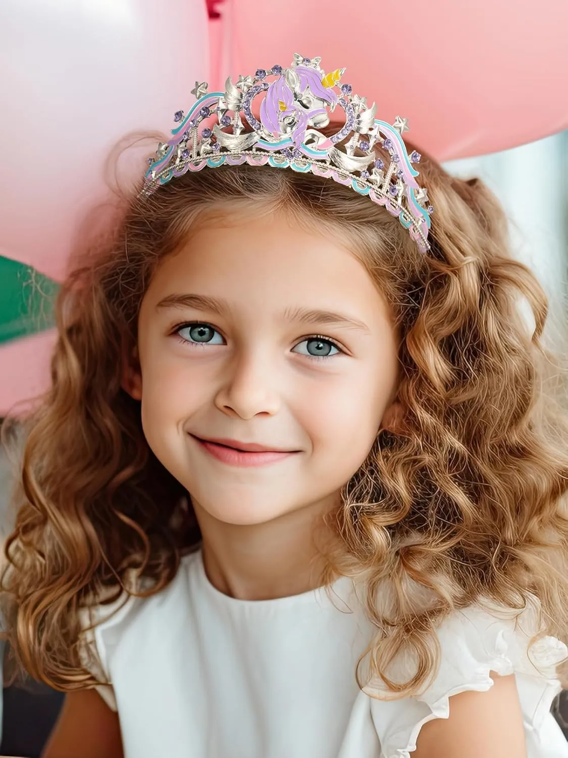 SWEETV Unicorn Princess Tiaras for Girls, Crystal Kids Crown Headband, Birthday Party Hats, Halloween Costume Hair Accessories